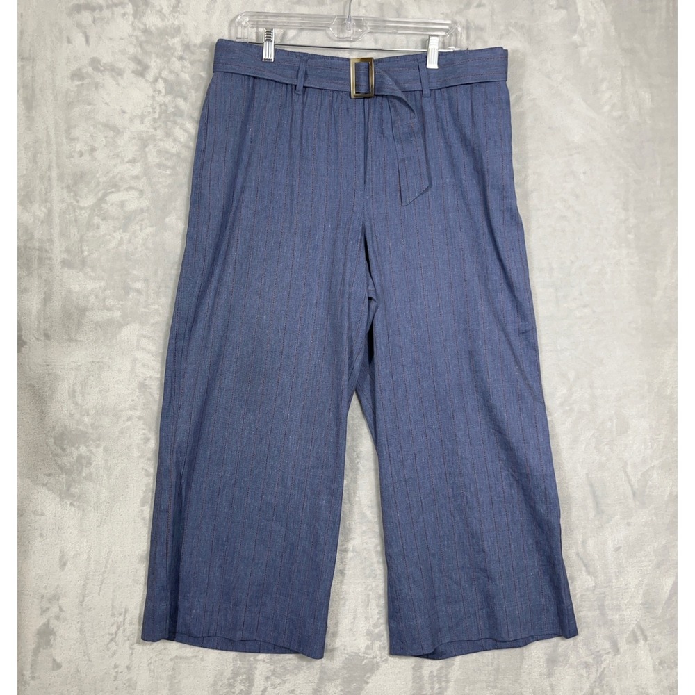 J. Jill Women Pants L Blue Linen Stretch Pinstripe Wide Leg Cropped Belted Chic
